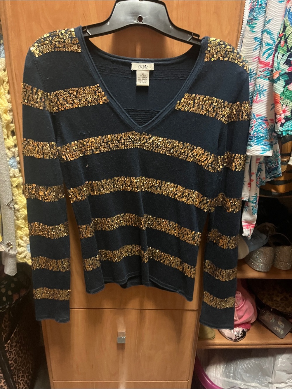 Cache Navy V-Neck Sweater with Gold Sequin Stripes